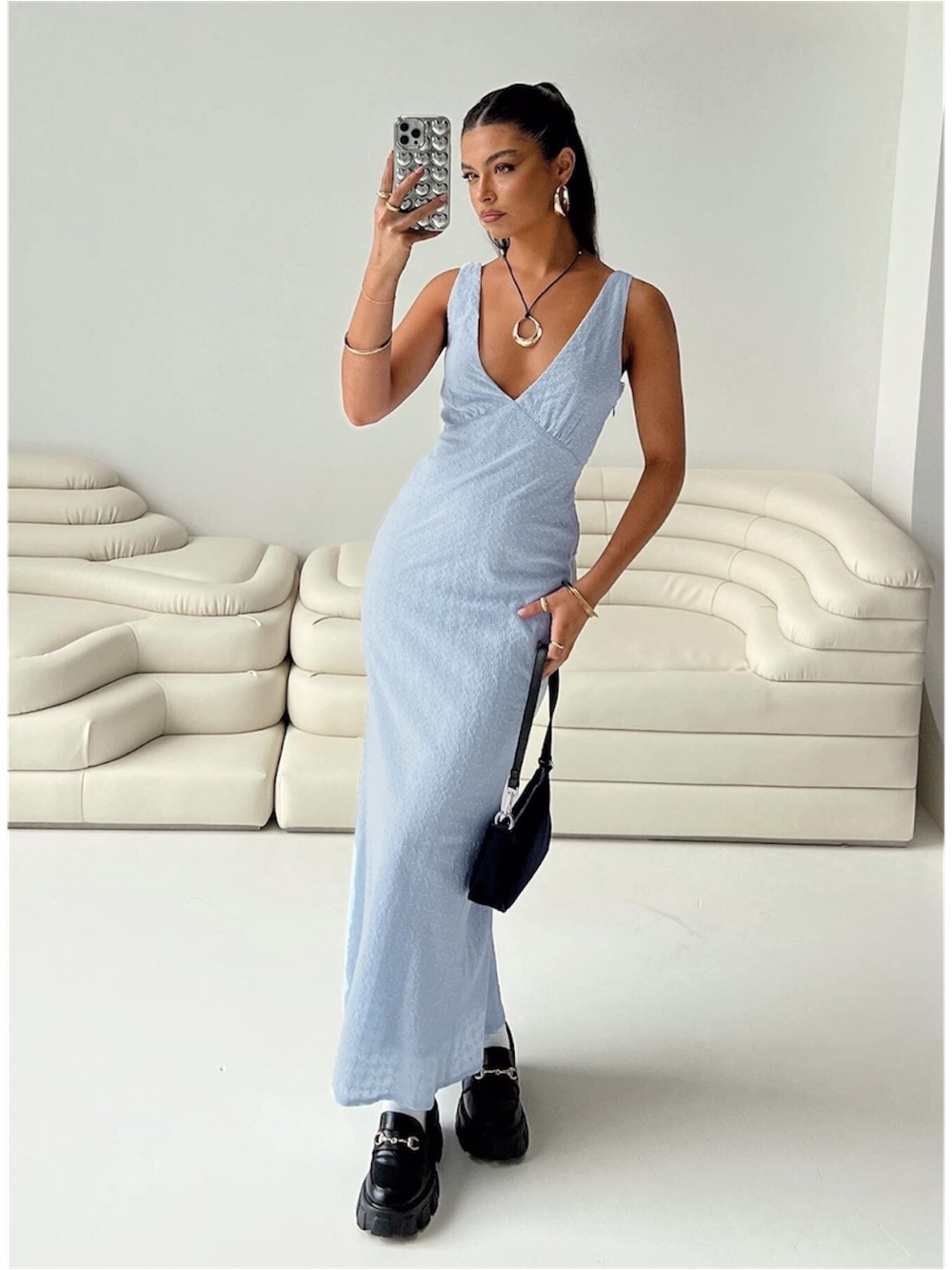 Princess Polly Light Blue V-Neck Maxi Dress